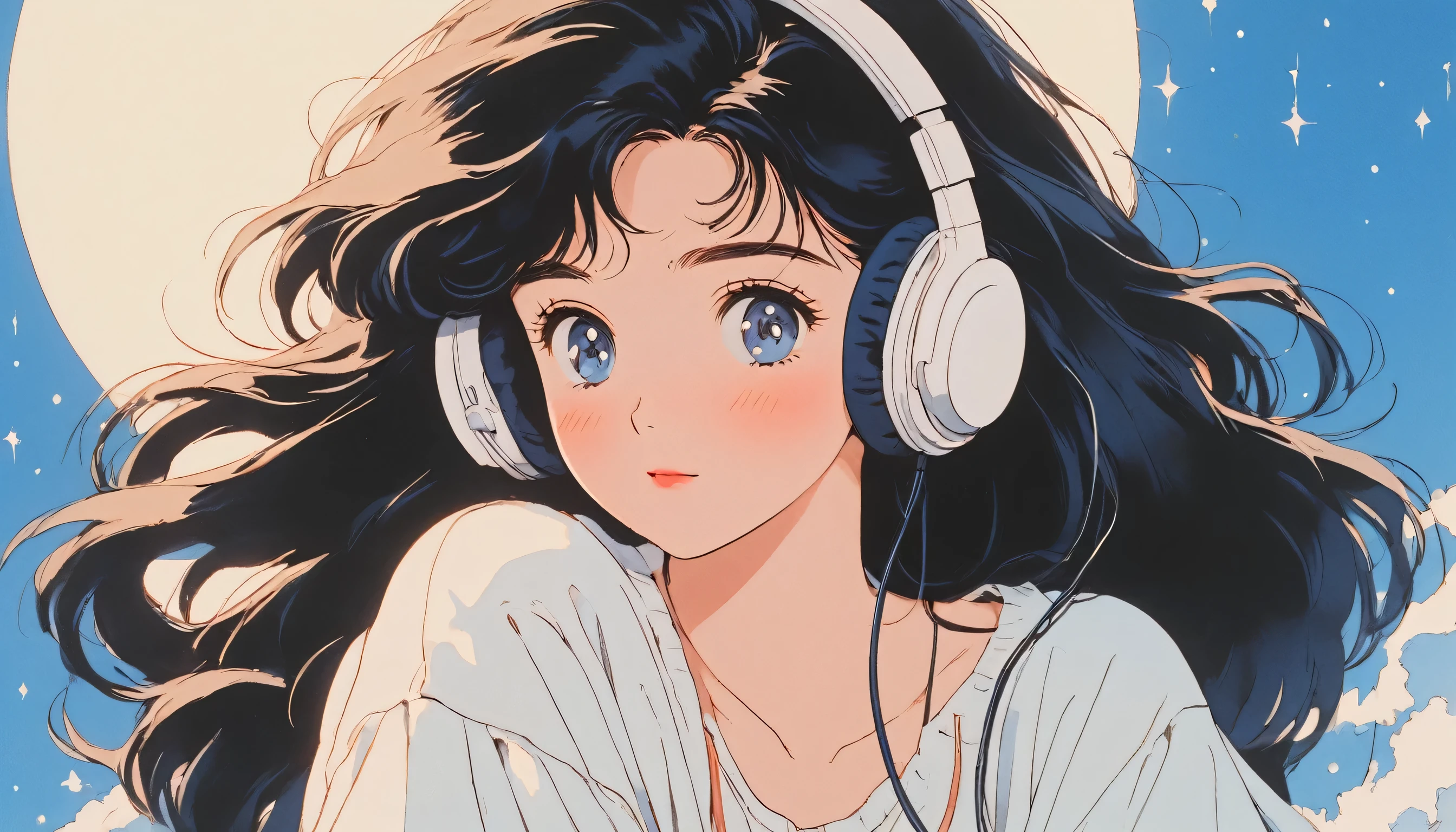 (90's anime style,1990s style,clear, (blush:1.7), the highest quality, 8k, 1980s style, black hair, long hair, light brown eyes, skin white as snow, wearing 1980s white clothes, Anime girl sitting on a chair with headphones, upper shot, close up, smiling, 1 woman, Only, lofi girl, lofi art, Lofi Feeling. The background is solid blue with no other elements, looking at the viewer, very big eyes