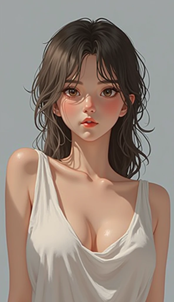 (masterpiece、highest quality、photogenuineistic、High resolution、photograph、:1.3)、close up shot、sharp focus、one brunette girl、30 year old mature woman、small face、no makeup、Highly detailed eyes and pupils、genuine skin、slim body shape、bust B cup、、cleavage、wet hair、short cut hair、dark brown hair、delicate face、sensual gaze、glossy lips、((Wearing Henry's Shirt))、The background is、gray wall、((genuine、Supergenuine、genuineism、authentic details))