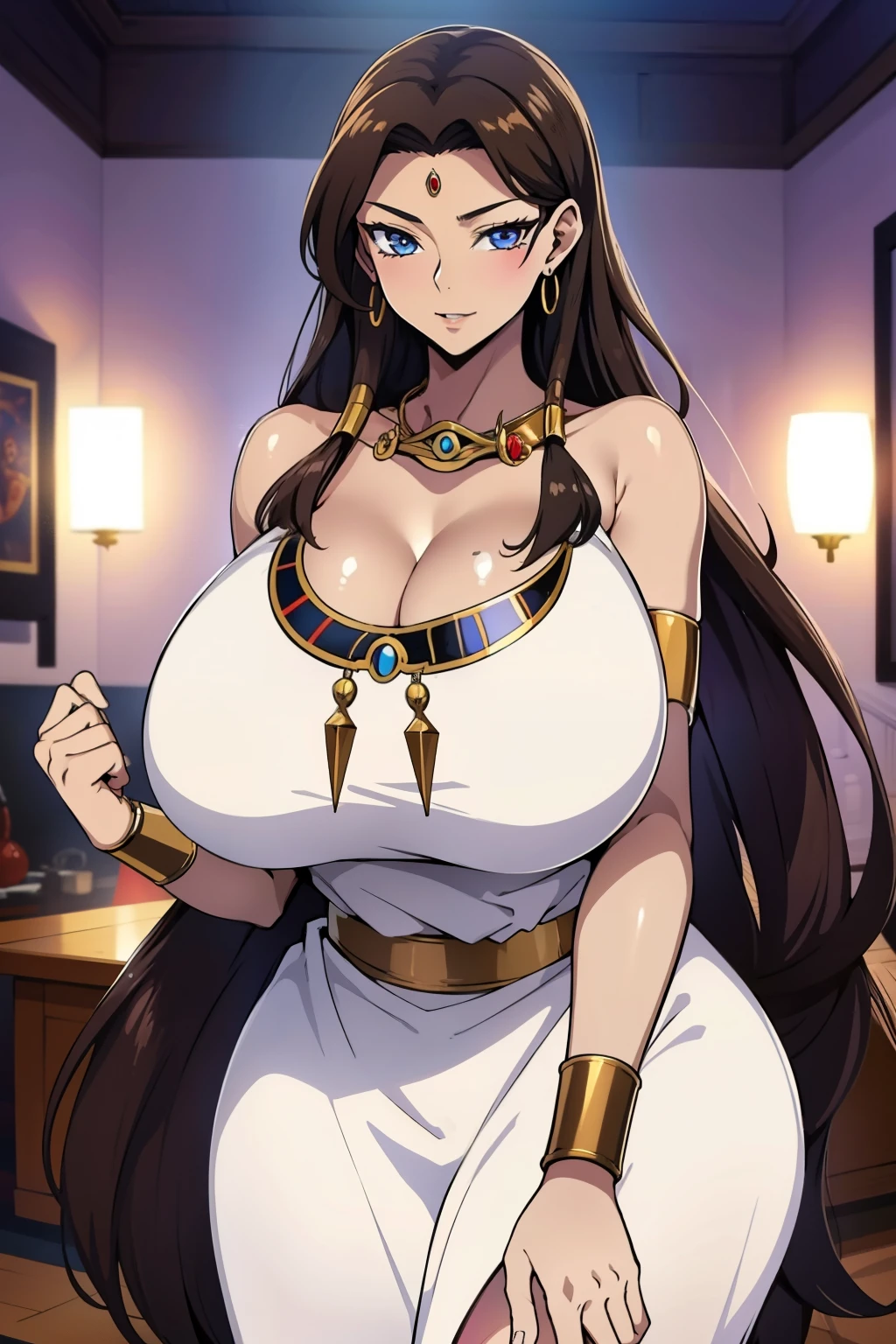 An anime-style artwork depicting Ishizu Ishtar from theanime Yu-Gi-Oh!

Tags: ishizu ishtar, anime, detailed eyes, detailed lips, egyptian clothes, , white dress, long hair, dark skin, blue eyes,  (dark skinned female:1.1), jewelry,necklace, bracelet, armlet,  smiling expression, intense gaze, dynamic pose, indoor, palace, vibrant colors, digital art, high-resolution, professional quality, gigantic breasts, cleavage,  curvy, cowboy shot, (gigantic breasts: 1.4),