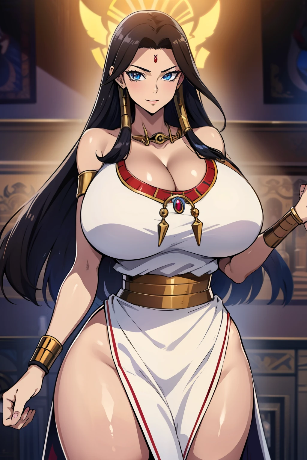 An anime-style artwork depicting Ishizu Ishtar from theanime Yu-Gi-Oh!

Tags: ishizu ishtar, anime, detailed eyes, detailed lips, egyptian clothes, , white dress, long hair, dark skin, blue eyes,  (dark skinned female:1.1), jewelry,necklace, bracelet, armlet,  smiling expression, intense gaze, dynamic pose, indoor, palace, vibrant colors, digital art, high-resolution, professional quality, gigantic breasts, cleavage,  curvy, cowboy shot, (gigantic breasts: 1.4),