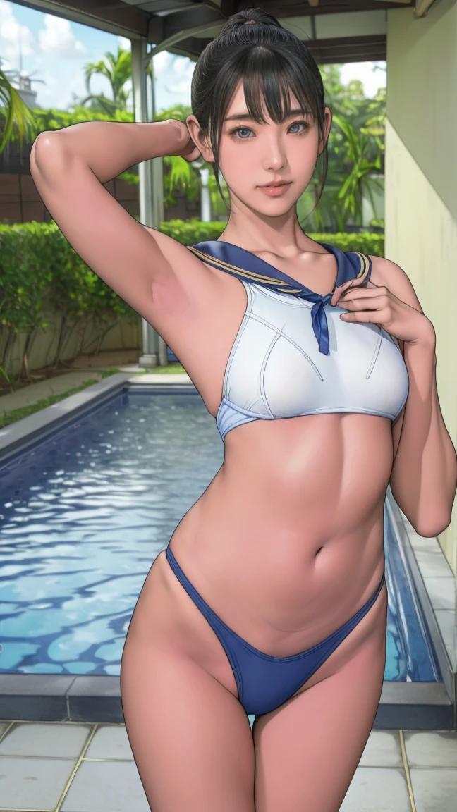 17 age, girl with, a sailor suit,slightly larger udder,Narrow waist, Hairstyle is a bob cut, Poolside background,Smiling face,full bodyesbian,A toy is put in the crotch