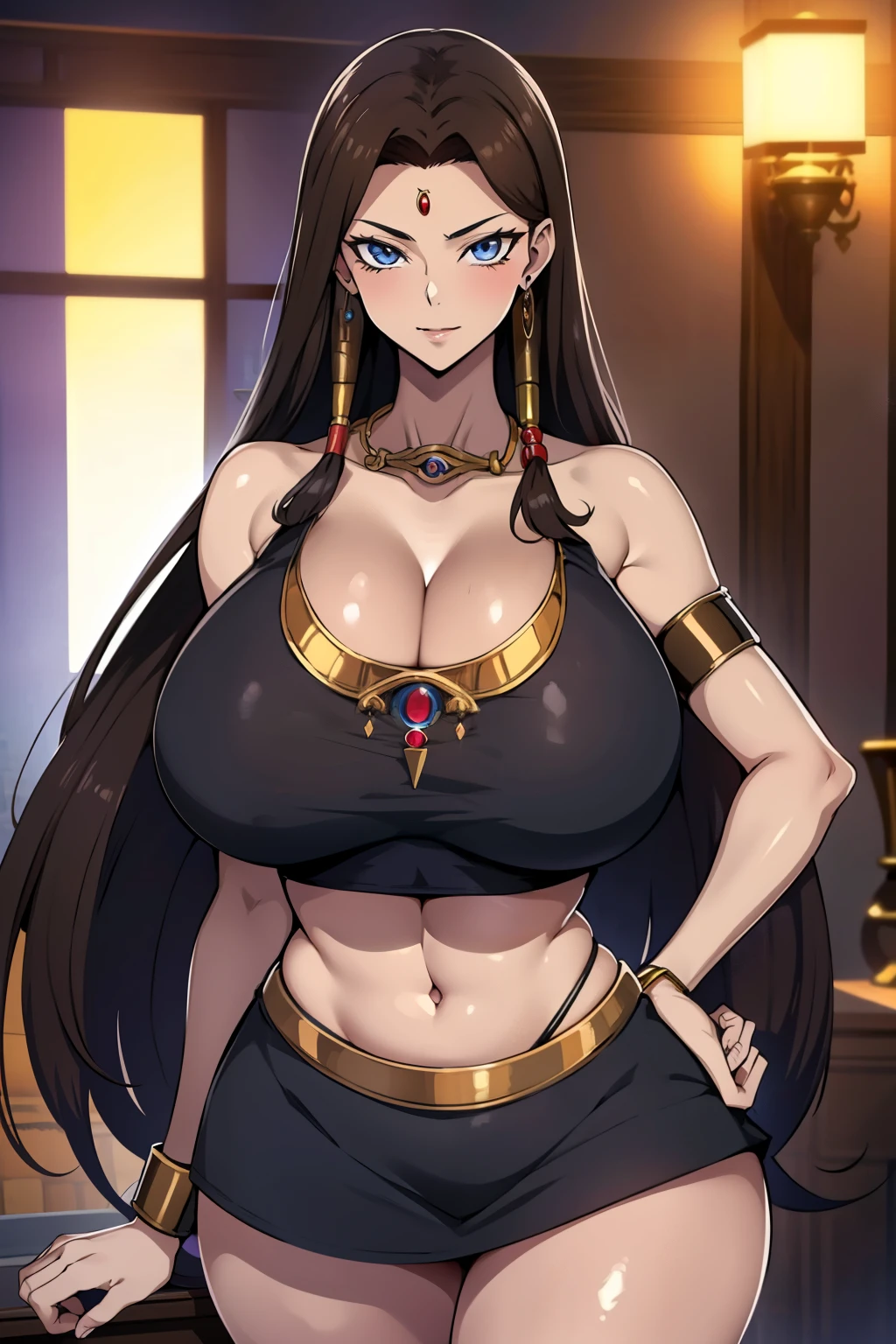 An anime-style artwork depicting Ishizu Ishtar from theanime Yu-Gi-Oh!

Tags: ishizu ishtar, anime, detailed eyes, detailed lips, (crop top:1.1), miniskirt, turtleneck,, long hair, dark skin, blue eyes,  (dark skinned female:1.3), jewelry,necklace, bracelet, armlet,  smiling expression, intense gaze, dynamic pose, indoor, palace, vibrant colors, digital art, high-resolution, professional quality, gigantic breasts, cleavage,  curvy, cowboy shot, (gigantic breasts: 1.4),