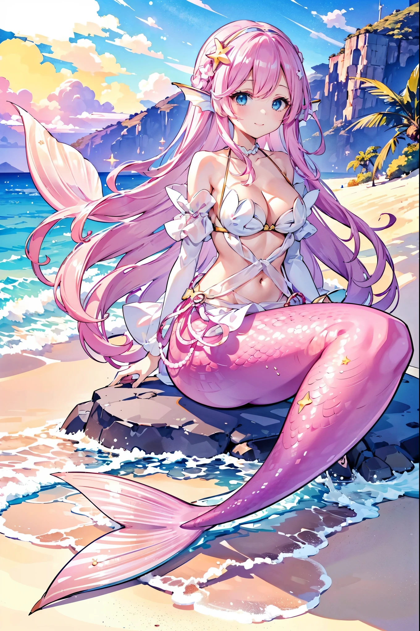 (masterpiece, best quality),A girl,Pink Hair,Hair accessories,White Dress,blue eyes,Head fin,Unique,Large Breasts,Mermaid,粉色的Mermaid尾巴,Full body shot,beach,Sea view,Night view,Sitting on the beach,charming face(Kawaii, charming,Soft),Smile