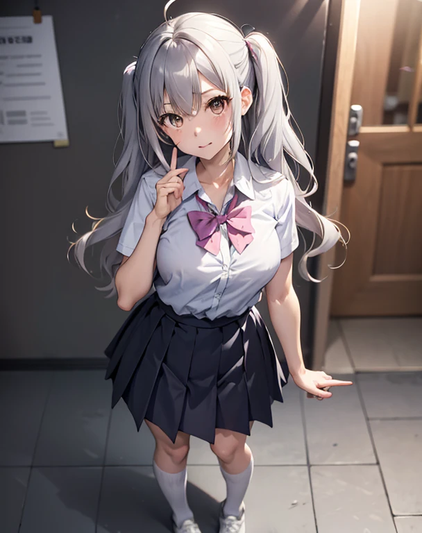 score_9, score_8_up, score_7_up, source_anime, BREAK 1girl, solo, looking at viewer, indoors, blurry background, from above, head tilt, expressionless, standing, full body, finger to mouth, yumeko shikiya, long hair, grey hair, ahoge, wavy hair, hair between eyes, brown eyes, school uniform, white shirt, collared shirt, short sleeves, collarbone, cleavage, pink bowtie, purple bowtie, loose bowtie, (wrist scrunchie:0.8), sweater around waist, grey pleated skirt, blue kneehighs, white footwear
