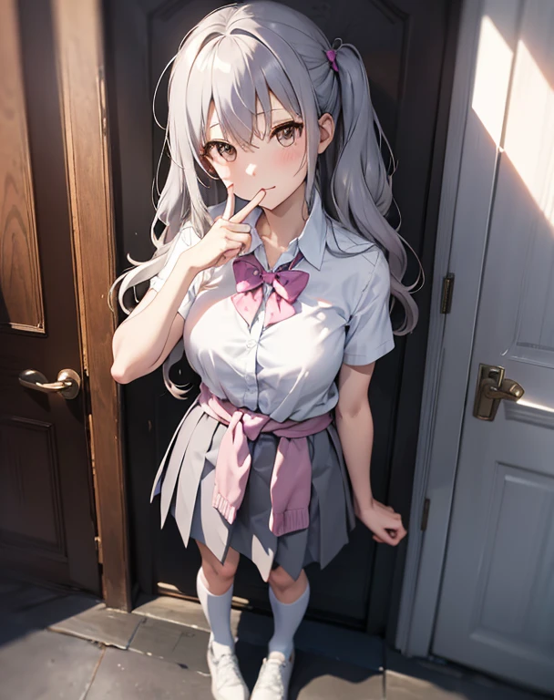 score_9, score_8_up, score_7_up, source_anime, BREAK 1girl, solo, looking at viewer, indoors, blurry background, from above, head tilt, expressionless, standing, full body, finger to mouth, yumeko shikiya, long hair, grey hair, ahoge, wavy hair, hair between eyes, brown eyes, school uniform, white shirt, collared shirt, short sleeves, collarbone, cleavage, pink bowtie, purple bowtie, loose bowtie, (wrist scrunchie:0.8), sweater around waist, grey pleated skirt, blue kneehighs, white footwear
