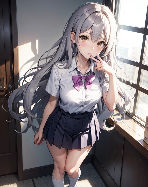 score_9, score_8_up, score_7_up, source_anime, BREAK 1girl, solo, looking at viewer, indoors, blurry background, from above, head tilt, expressionless, standing, full body, finger to mouth, yumeko shikiya, long hair, grey hair, ahoge, wavy hair, hair between eyes, brown eyes, school uniform, white shirt, collared shirt, short sleeves, collarbone, cleavage, pink bowtie, purple bowtie, loose bowtie, (wrist scrunchie:0.8), sweater around waist, grey pleated skirt, blue kneehighs, white footwear
