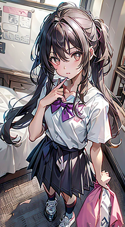 score_9, score_8_up, score_7_up, source_anime, BREAK 1girl, solo, looking at viewer, indoors, blurry background, from above, head tilt, expressionless, standing, full body, finger to mouth, yumeko shikiya, long hair, grey hair, ahoge, wavy hair, hair between eyes, brown eyes, school uniform, white shirt, collared shirt, short sleeves, collarbone, cleavage, pink bowtie, purple bowtie, loose bowtie, (wrist scrunchie:0.8), sweater around waist, grey pleated skirt, blue kneehighs, white footwear
