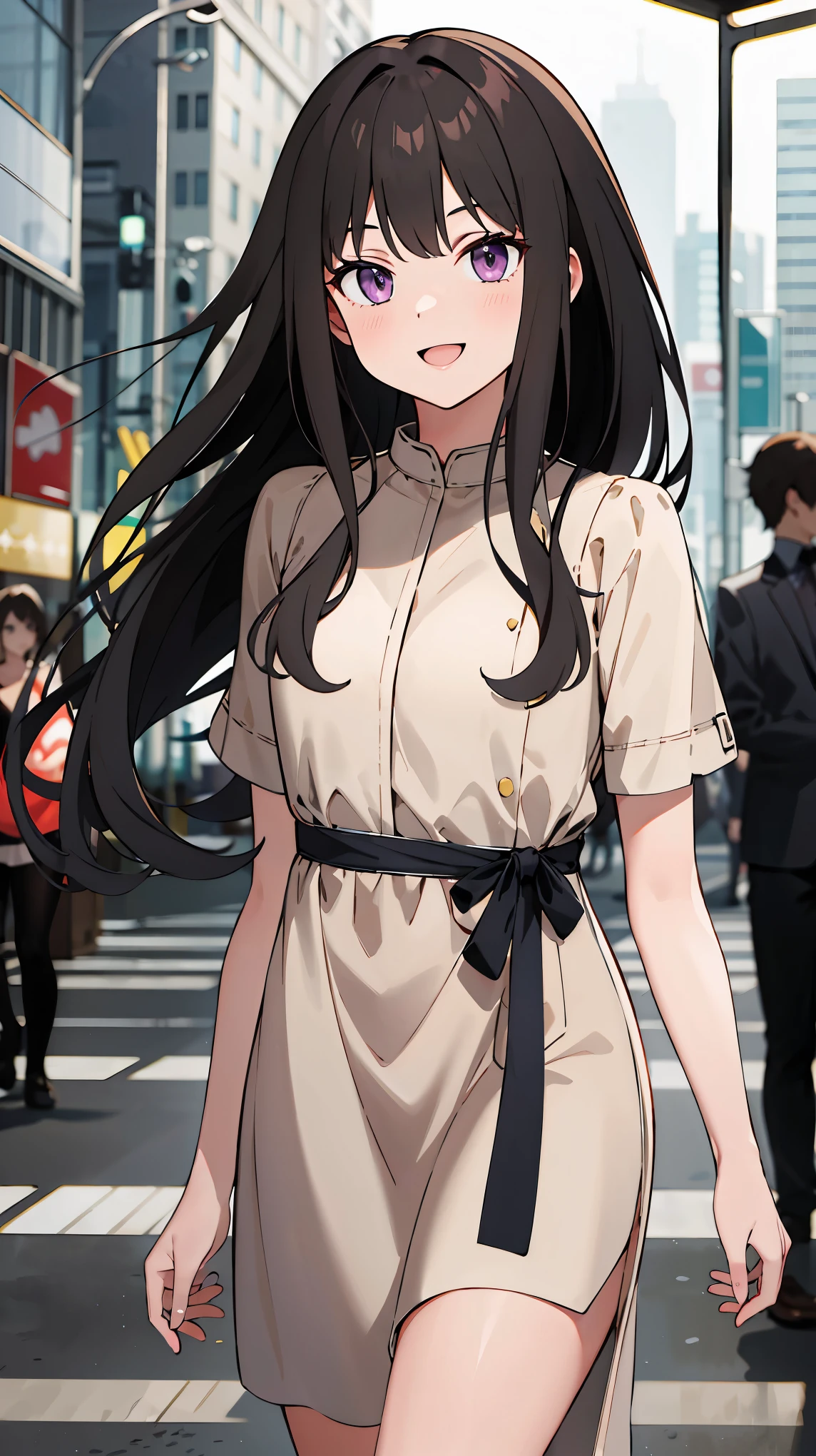 ((masterpiece, best quality, highres)), depth of field, 
BREAK, 1girl, standing, cowboy shot, close mouth, smile, 
BREAK, (outdoor, city),   
BREAK, takina inoue, purple eyes, black hair, long hair, 
BREAK, ((private clothes)), (casual gown), 