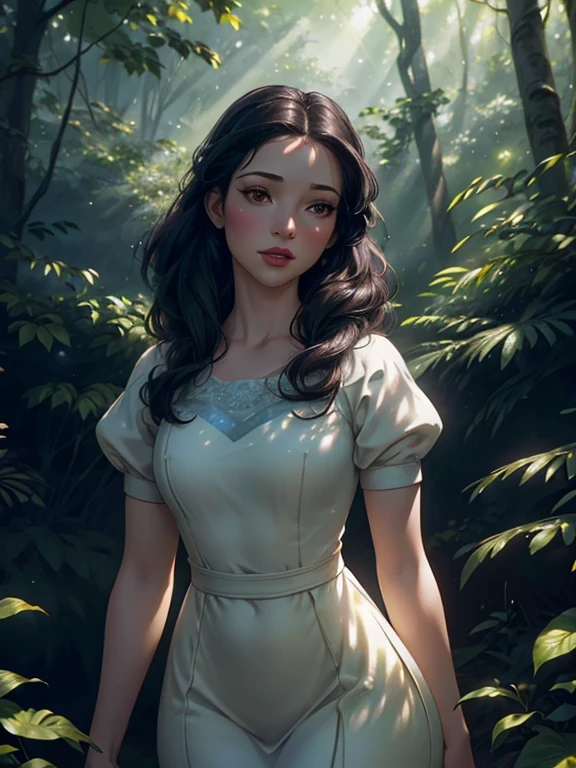 Snow White, a beautiful girl with pale skin, rosy cheeks, and long black hair, wearing a blue and white dress, standing in a lush green forest, surrounded by friendly forest animals like deer, rabbits, and birds, sunlight filtering through the trees, (best quality,4k,8k,highres,masterpiece:1.2),ultra-detailed,(realistic,photorealistic,photo-realistic:1.37),intricate details,vibrant colors,cinematic lighting,magical realism