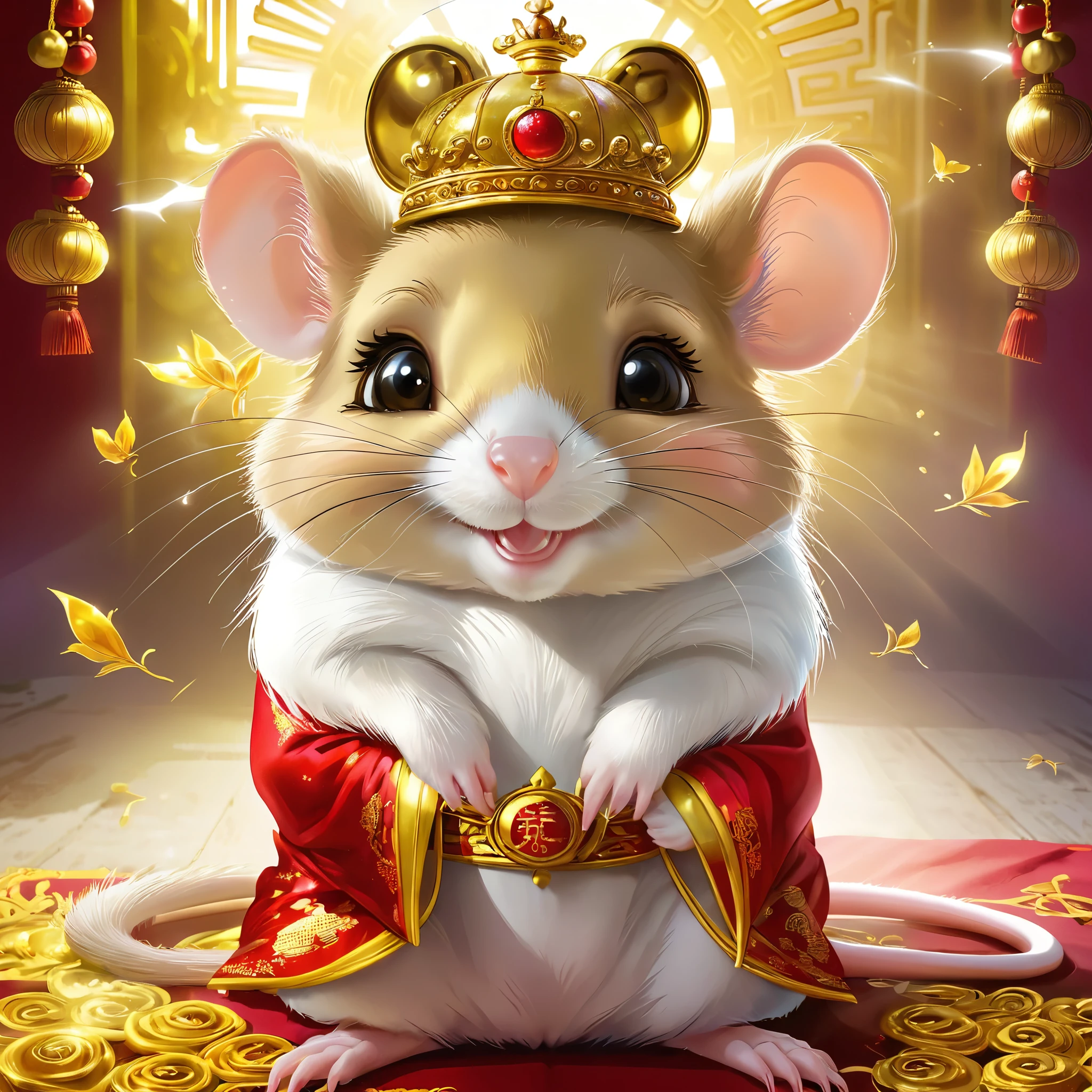 A Chinese zodiac rat wearing a crown.,The golden hair is shining, Smiling at you

