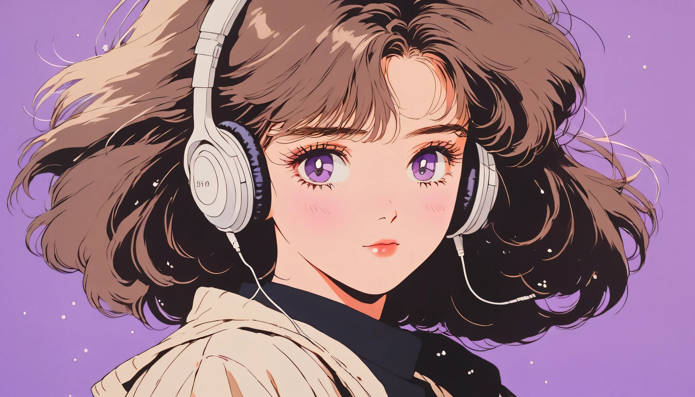 90's anime style,1990s style, clear, 1980s style, (blush:1.7), the highest quality, 8k, 1 woman, Only, lofi girl, lofi art, lofi feeling, looking at the viewer, very big eyes, wearing 1980s clothes, upper shot, close up, smiling, light brown eyes, skin white as snow, sparkling eyes,
brown hair, short hair, anime girl with headphones, solid purple background with no other elements