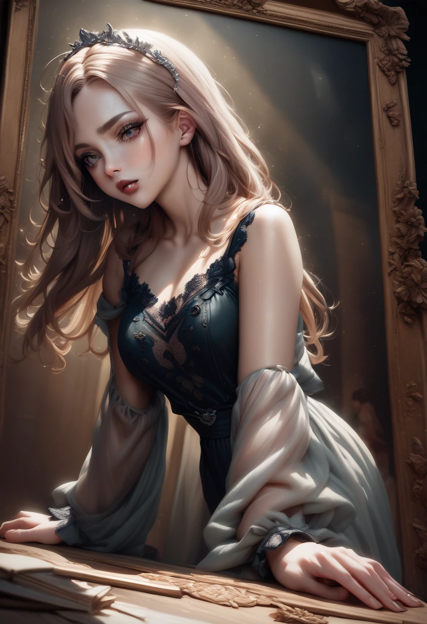 a mature woman looking down on a small person, detailed face, detailed eyes and lips, beautiful woman, photorealistic, oil painting, intricate details, dramatic lighting, warm color palette, cinematic composition, masterpiece, (best quality,4k,8k,highres,masterpiece:1.2),ultra-detailed,(realistic,photorealistic,photo-realistic:1.37)