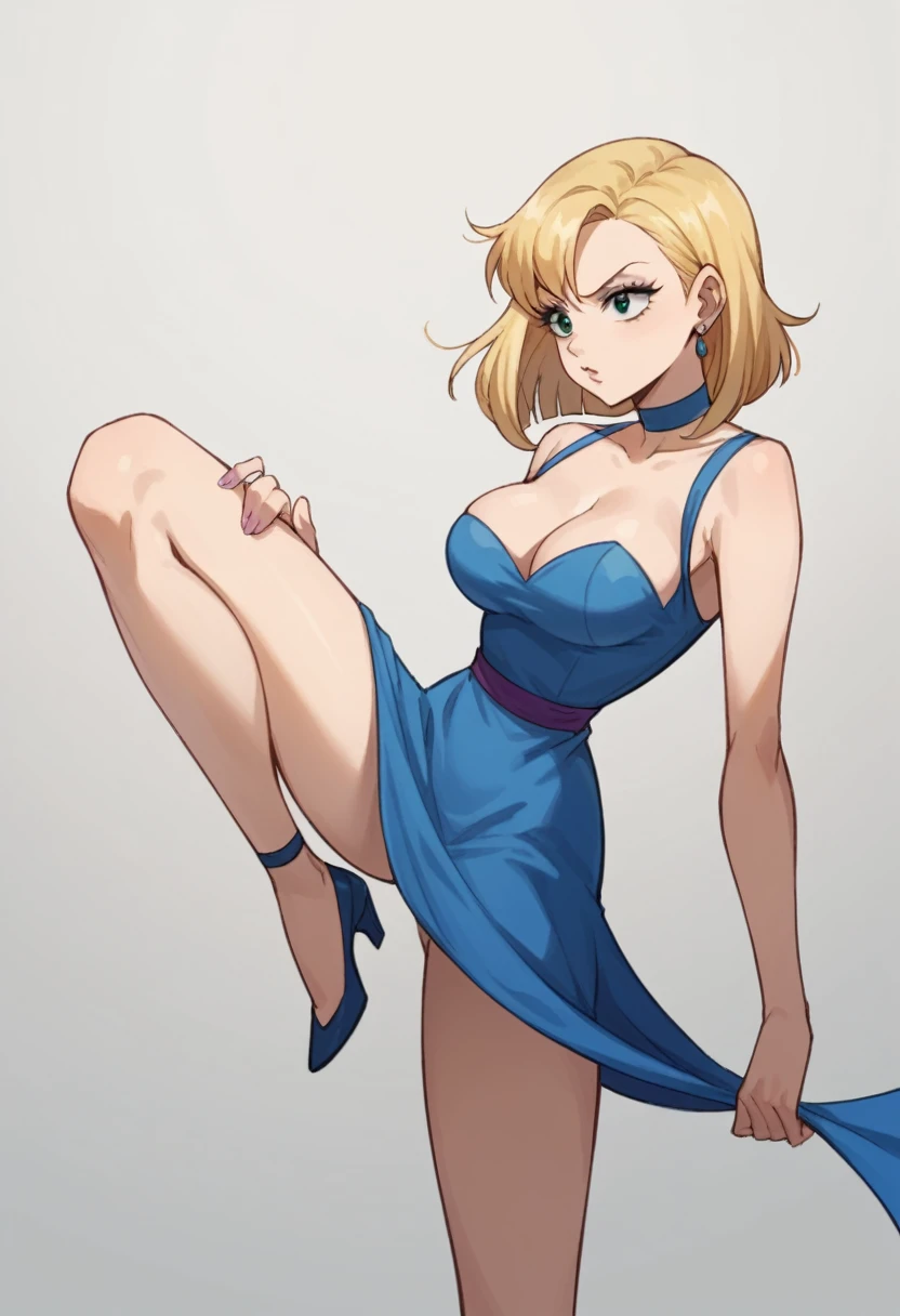 Lucy heartfillia wearing blue dress sexy cleavage. The dress is cut from the leg side similar to Jessica rabbit. Lucy is raising one leg. Show ass. Secy