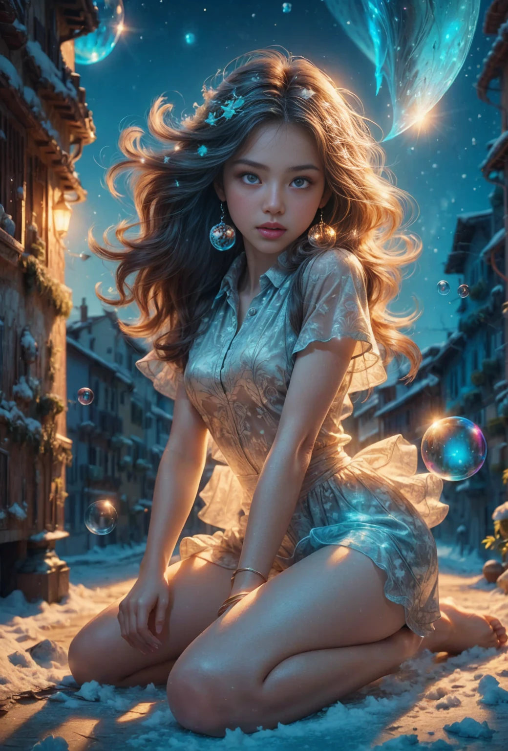 (masterpiece), (best quality), (Best illustration), (realistic illustration), (official art, very detailed CG Unity 8k Wallpaper), (very detailed), ((absurd)), 1 woman, Medium Short, (delicate expression), ((SFW)), ((Clean and accurate physics)), ((White thighs without shoes)), aqua eyes, Colored contact lenses, Stars in the Snow, White short dress, Short sleeves, ((Colorful bubbles))), Colorful glass, ((background_universe, black hole)), soft light, cinematic,