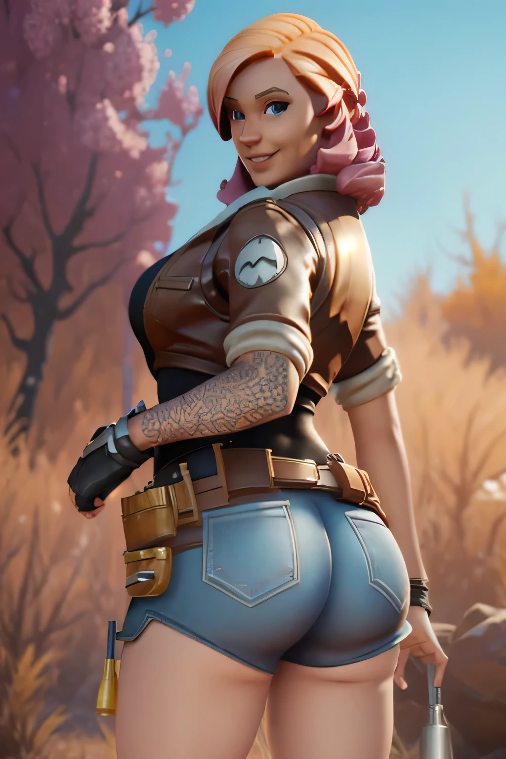 1girl, Solo,Penny from Fortnite, short skirt Large breasts, outdoors, standing full body,smile, Detail, High Resolution, panty shot, backside