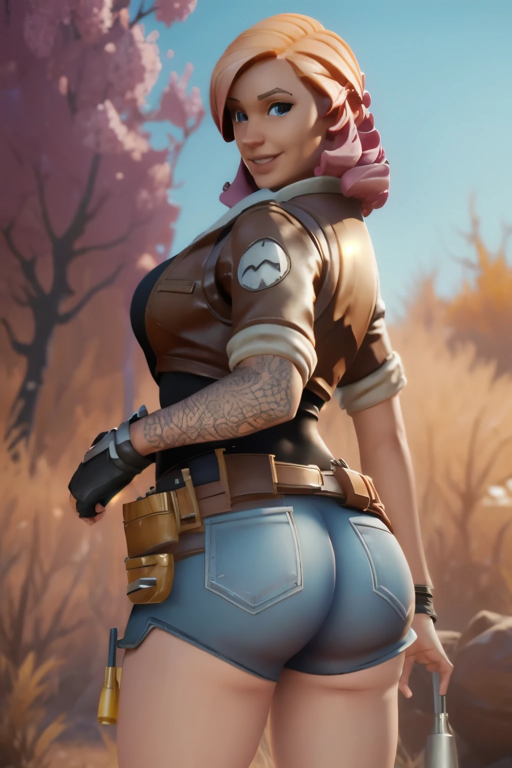 1girl, Solo,Penny from Fortnite, short skirt Large breasts, outdoors, standing full body,smile, Detail, High Resolution, panty shot, backside