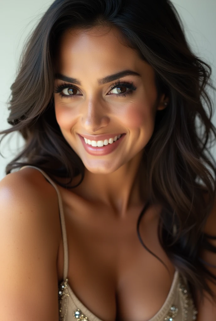 There is a young, Beautiful indian woman, who looks to the future like Katrina Kaif. Smiles into the camera, beautiful teeth. She stands there and looks into the camera, a portrait from raw photo, feet, hands, body,