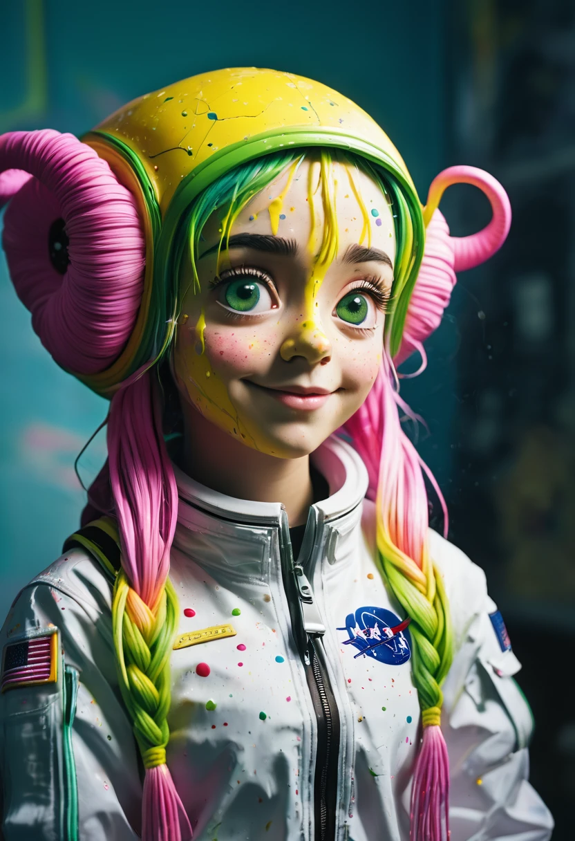 8k, aRTISTIC photogRaphy, best quality, masteRpiece: 1.2), a (potRait:1.2) Don Bluth Style  aSTRONaUT Cthulhu yellow Toon Doll, full body RaW candid cinema, cyan haiR, 16mm, coloR gRaded poRtRa 400 film, RemaRkable coloR, ultra realistic, sad admospheRe, daRk lighting, oppRessive atmospheRe, depRessive coloRs, Kodak portra 400, photogRaph,R, NatuRal Light,  Pin Headlight, bluR Reflection, BRush StRokes, Smooth, abstRact, splatter, Oil painting on canvas, Rainbow coloRs, fRactal isometRics details bioluminescens : a stunning Realistic photogRaph of wet bone stRuctuRe, 3d render, Octane Render, intRicately detailed, titanium decoRative headdRess, Cinematic, tRending on aRtstation | IsometRic | CenteRed、whole body、A school uniform with an open chest、Pink and green hair gradient、smile、Mole under both eyes、Green Eyes、Braids、Yellow green long socks,Ultra-clear