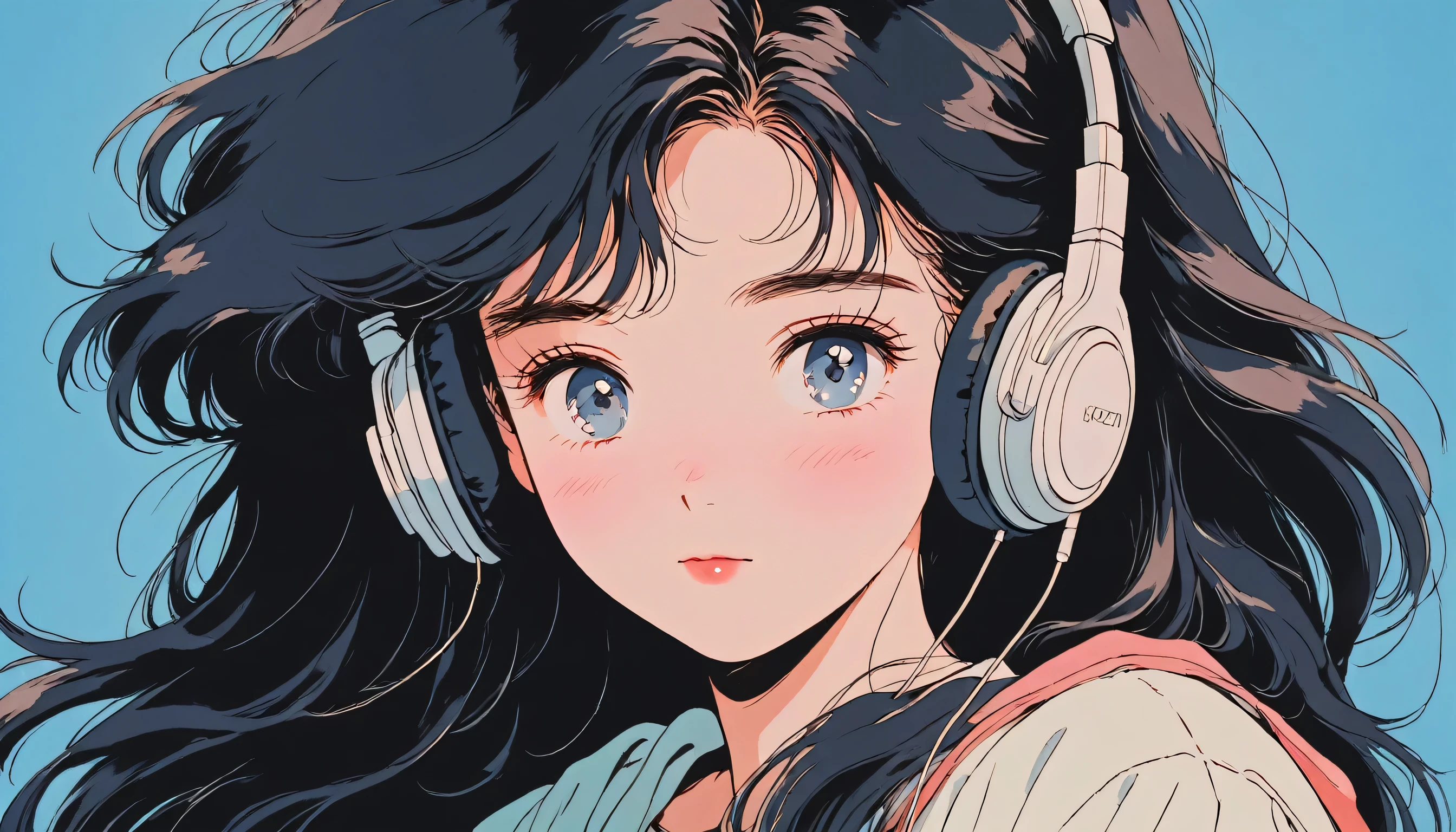 90's anime style,1990s style, clear, 1980s style, (blush:1.7), the highest quality, 8k, 1 woman, Only, lofi girl, lofi art, lofi feeling, looking at the viewer, very big eyes, wearing 1980s clothes, upper shot, close up, smiling, light brown eyes, skin white as snow, sparkling eyes, black hair, long hair, anime girl with headphones and listening to music, solid blue background with no other elements