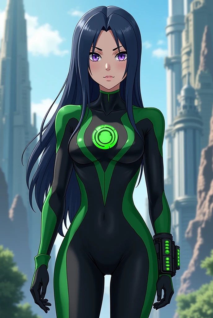 Girl with dark blue hair, green eyes,tall rectangular body figure, mature, outrider outfit