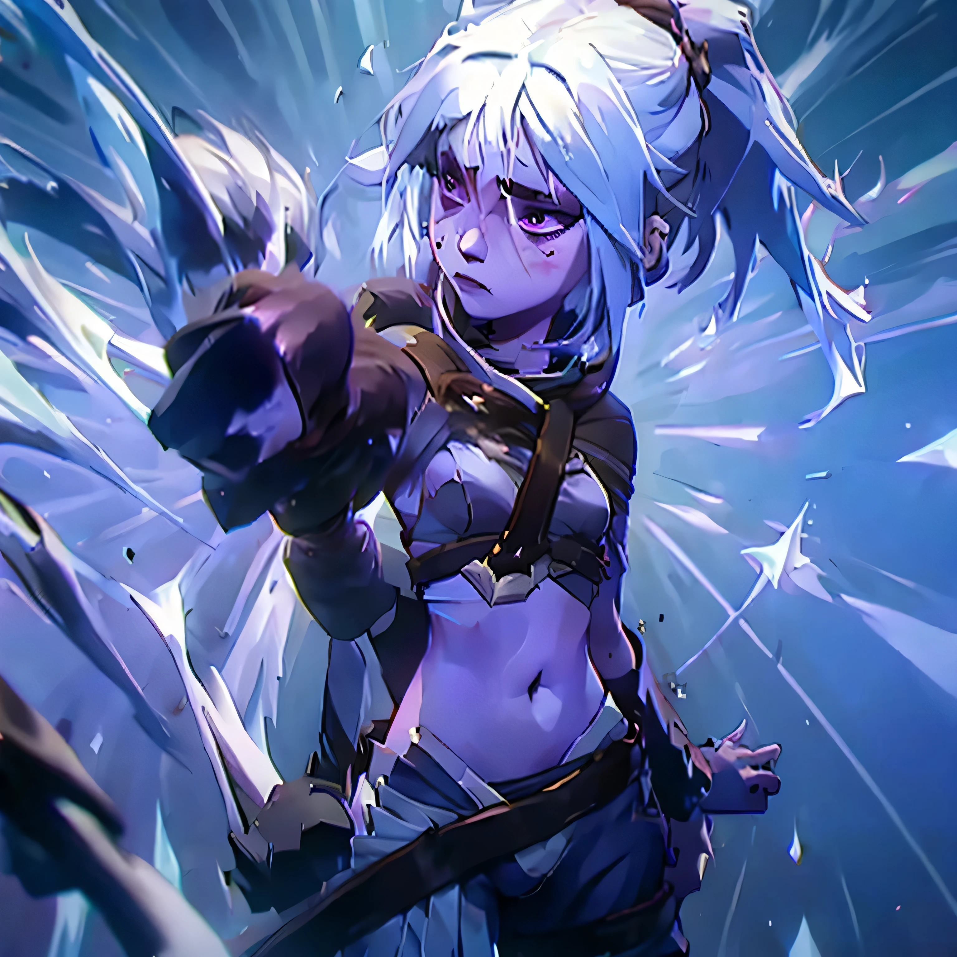 White hair, bangs on the left side, baby physique, child, eyes with drooping corners and eyelids, small breasts, long hair, purple eyes, girl, white men's shirt, long sleeves, long pants, white pants, white clothes all, white clothes, purple scarf, scar under the left eye, bruises under the eyes, no shoes, thin body, white wings, sad look, closed mouth, white collar, one, body full face, head front