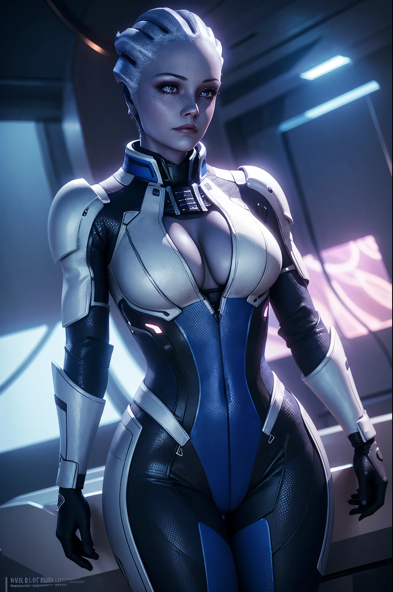 liara, asari, woman wearing futuristic suit in spaceship, facing camera, 24mm, 4k textures, soft cinematic light, adobe lightroom, photolab, hdr, intricate, elegant, highly detailed, sharp focus, ((((cinematic look)))), soothing tones, insane details, intricate details, hyperdetailed, low contrast, soft cinematic light, dim colors, exposure blend, hdr, faded, 