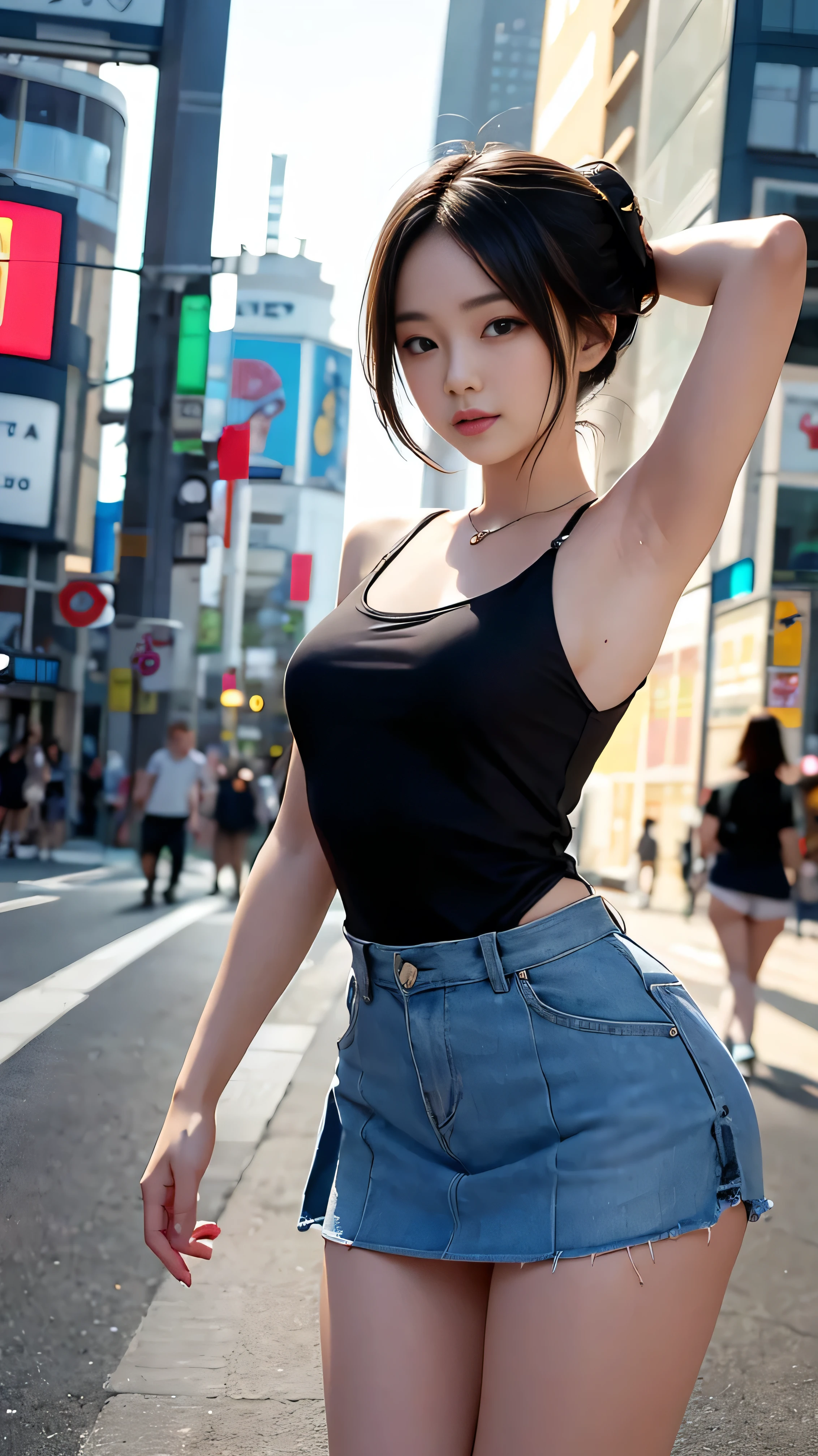 Explore carefully, girl, small curve , girl, thin、soft expression、laugh、Detailed digital art, , cute wife,  Wearing a tank top, Shibuya Ward Intersection、歩くDetailed Artワーク, Detailed Art, Highly detailed official artwork, Kshatkrentz Key Art Women, [ 4k digital art ]!!、2、Dance、pleated skirt, Place one hand behind your head., armpit