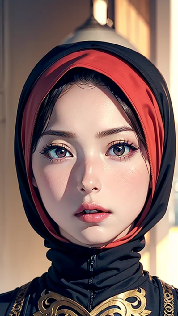 ((Beautiful Face:1.2)),(masterpiece:1.2, Highest quality), ((Realistic:1.2)), (live-action, Intricate details, Depth of written boundary), (One girl, alone), compensate, Lips parted,View your viewers, Very detailed, Perfect Face, (Skin Dentition), Glossy coral lips, (A girl wearing a hijab that covers her entire body, Islamic clothing), blush, Raiden is disappointed. (General Raiden) From Genshin Impact,A fine needle,((Natural big breasts))