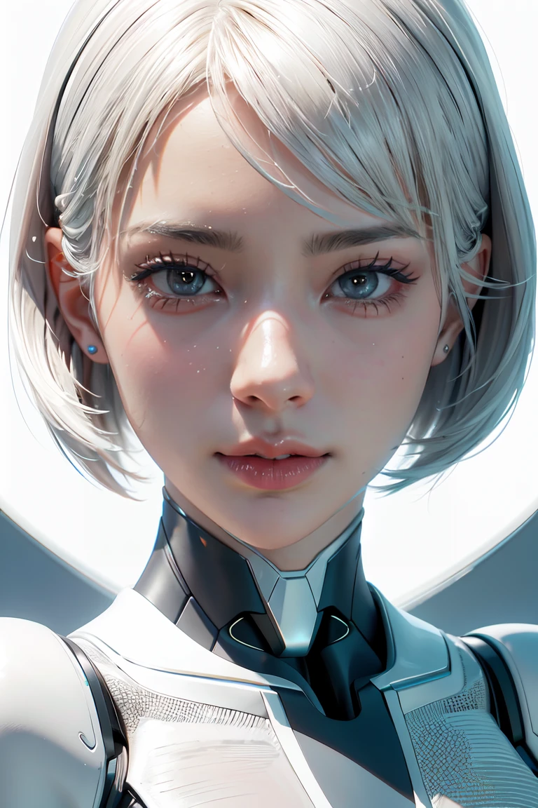 《The role of artificial intelligence》。（（（Virtual character design：Psychological counselor。miss，20 years old，white short hair，Exquisite facial features，beautiful make up，Skin details，Smile）））。（（white suit））。((Super realistic details))。 illumination, light and shadow, octane rendering, 8k, super sharp,complicated, Accessory details,atmosphere