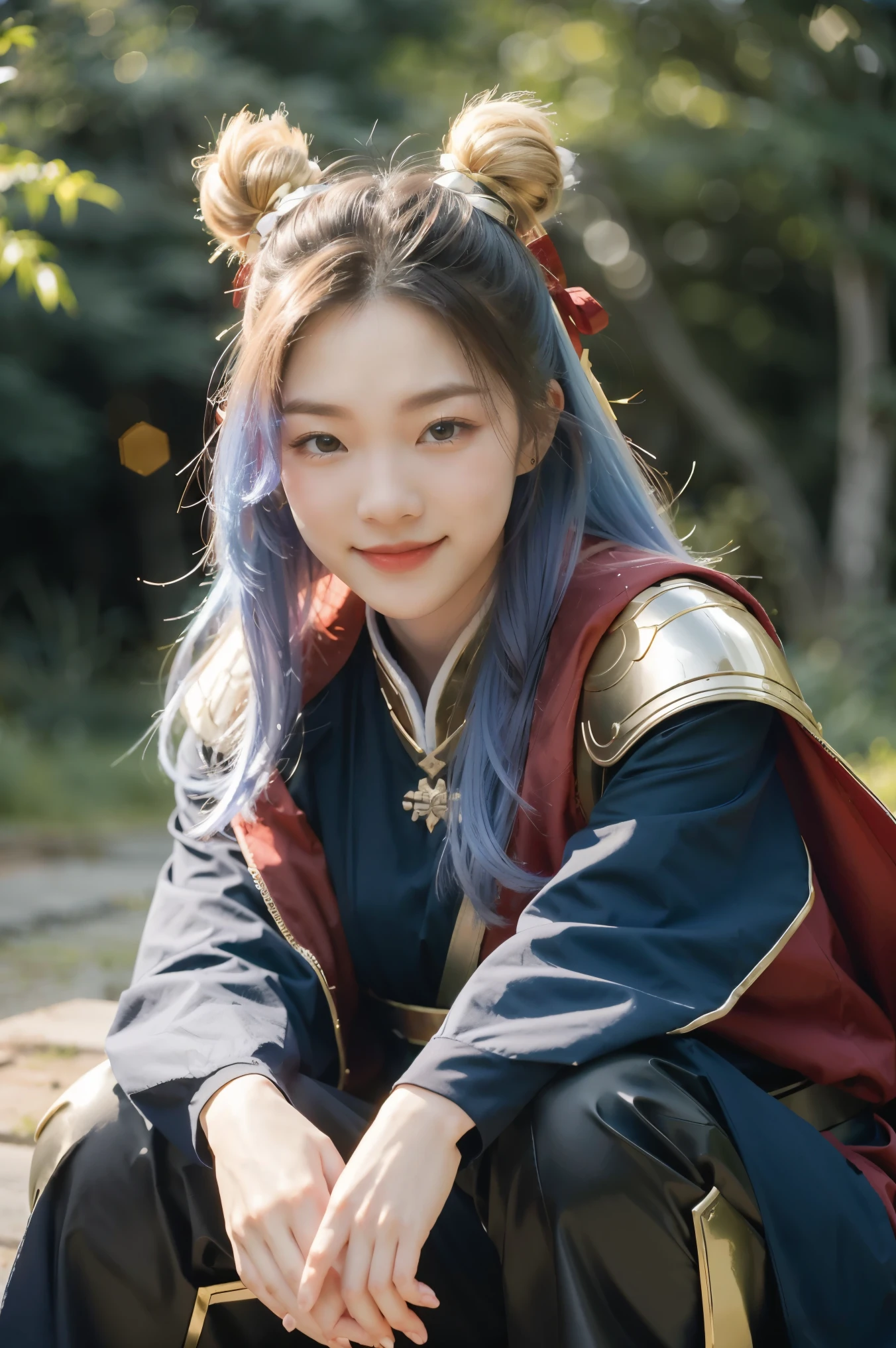 Chinese female general Hua Mulan，Saffron Hu suit lining，Detail the eyes，Crimson cape，Gold metal breastplate，silver helmet，battlefield background，majestic，Smile（open mouth）（The corners of the mouth are raised），Leather tunic，Knee armor，Eight clones，red metal headband，light blue hair，Hair bun raised high。wild wilderness background