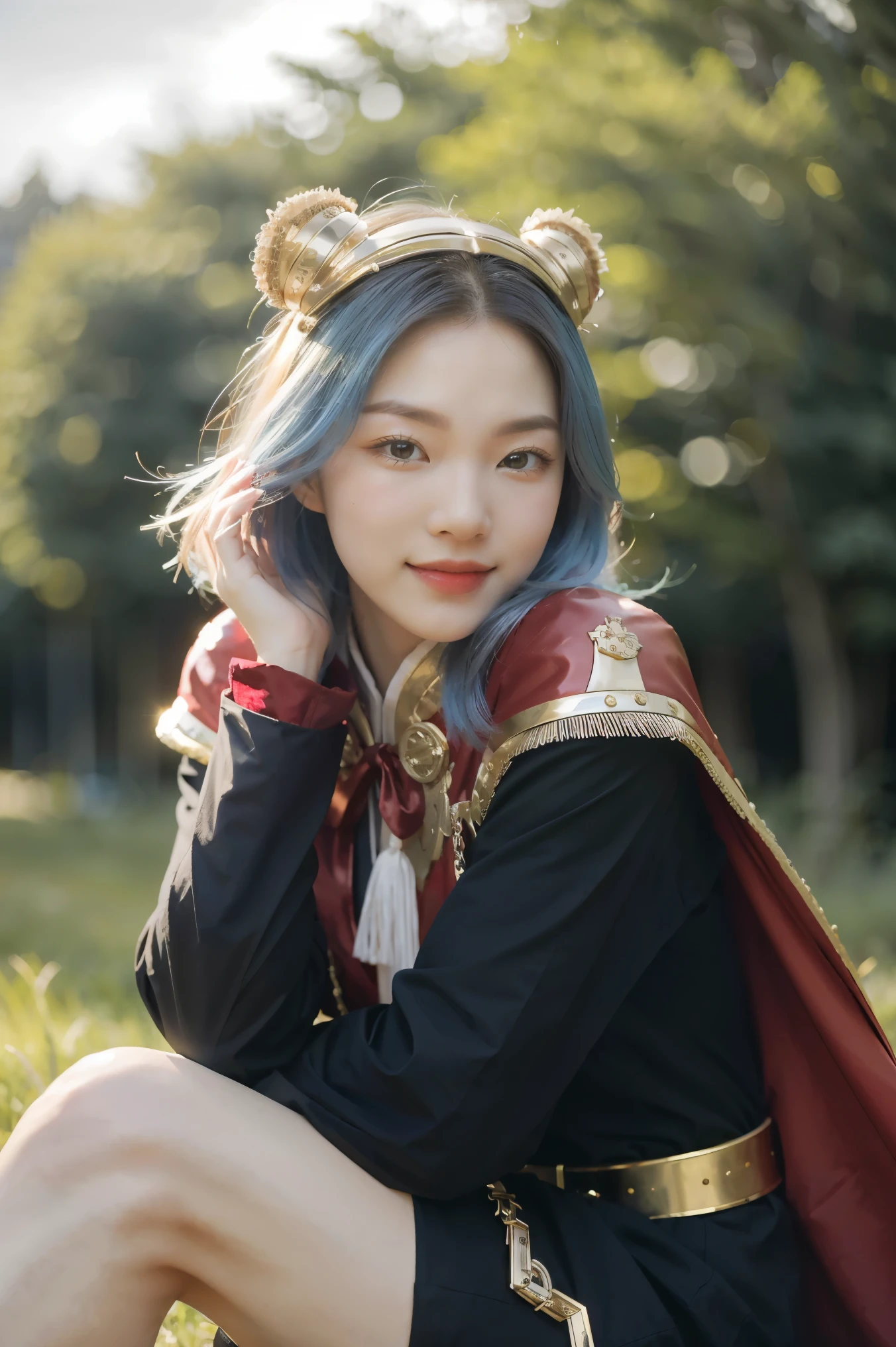 Chinese female general Hua Mulan,Saffron Hu suit lining,Detail the eyes,Crimson cape,Gold metal breastplate,silver helmet,battlefield background,majestic,Smile(open mouth)(The corners of the mouth are raised),Leather tunic,Knee armor,Eight clones,red metal headband,light blue hair,Hair bun raised high。wild wilderness background