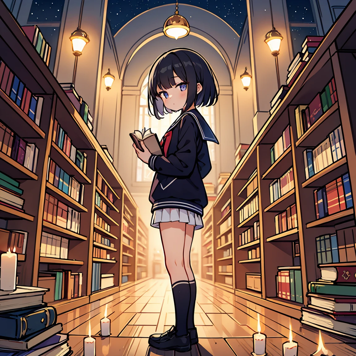 1 Girl, Sailor suit, Black Hair , Depth of written boundary, candle, Bookshelf, lanthanum, inflammation, night, skull, dark, Standing, Holding a book