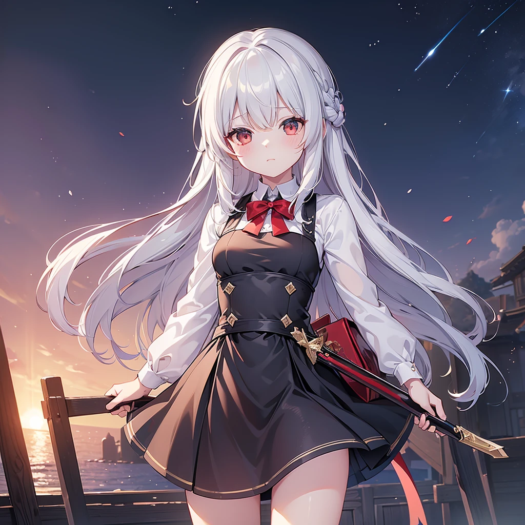 ((masterpiece, Highest quality, Highly detailed CG, unity 8k wallpaper,)), One woman, darkness、 スカートの短いメイド服、I can barely see your face、Red eyes、Holding a knife、assassin、Eyes that shine mysteriously、A dagger knife with a blade length of about 8 cm、白い髪、ウルフカット、ナイフを構えている、太ももが見える、パンツが見える、猫の耳