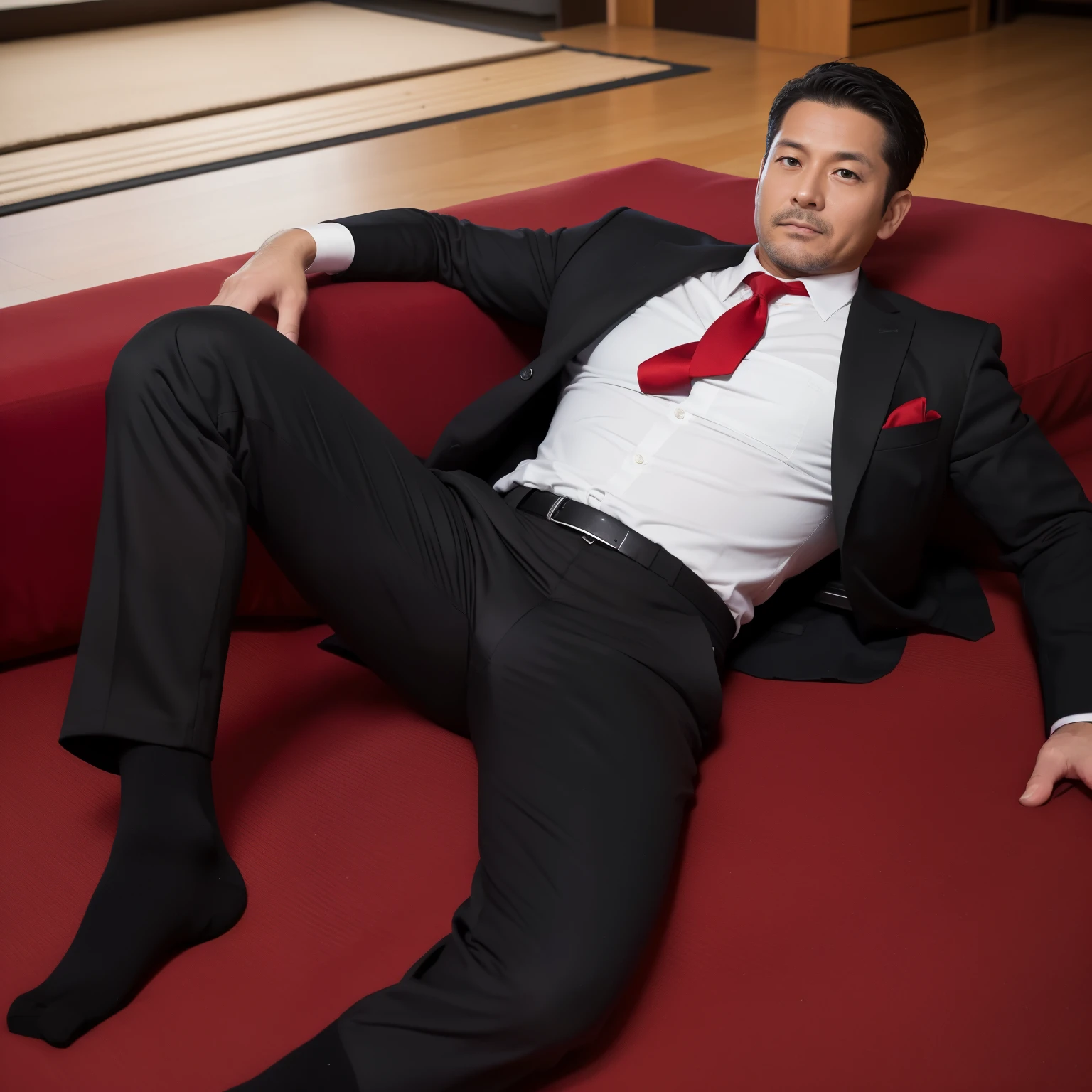 50yearsold,Hidetoshi Nakata,(Kogoro Mouri 1.3),Shirtless,Tong,Bulge,office room,sitted,black long socks,Thin,musculature,lbeard,fortitude,artwork of a,tmasterpiece,k hd,ssmile,red colour,lace Thong,Suits
