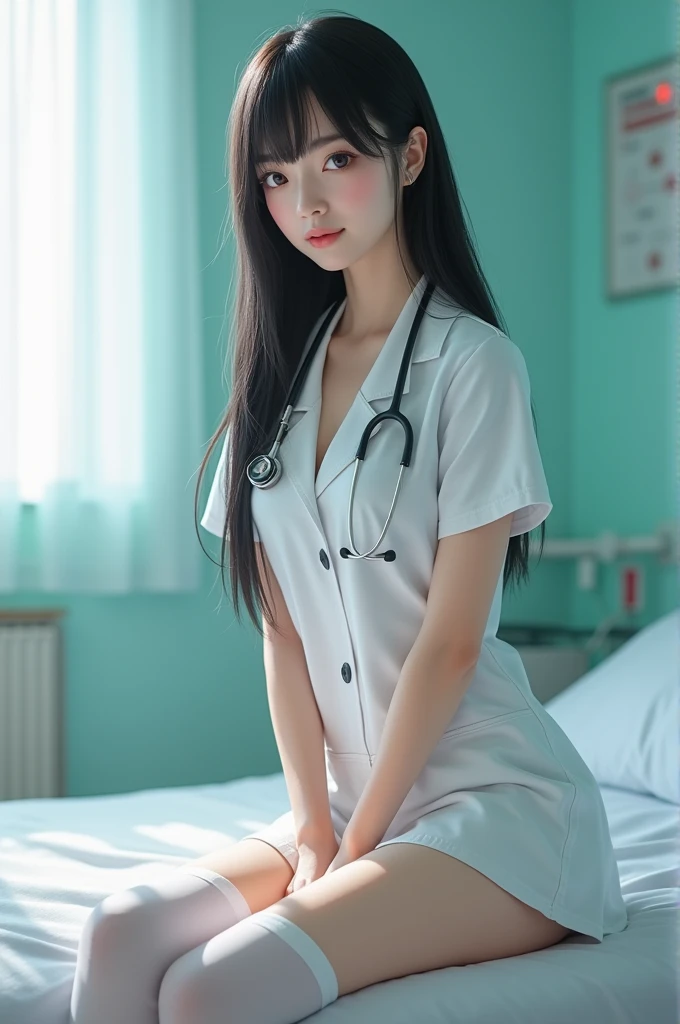 Beautiful female doctor in white coat, stethoscope around neck, full body, hospital examination white room, sitting cross-legged on office chair, thighs peeking out from white coat, black stockings, computer and keyboard on desk, (Excellent photograph, Best picture quality, High resolution: 1. 4), detail, extreme color, (Beautiful face) Ambient Soft Lighting, 4K, Bokeh, Background Blur, Depth of Field, Bokeh, Free Viewpoint, Photography, Attractive Young Woman, (Beautiful Face: 1.1), Narrow Eyes, Luscious Lips, (Smoky Eye Makeup: 0.85), (Moody Lighting: 1.2), Depth of Field, Bokeh, 4K, HDR.