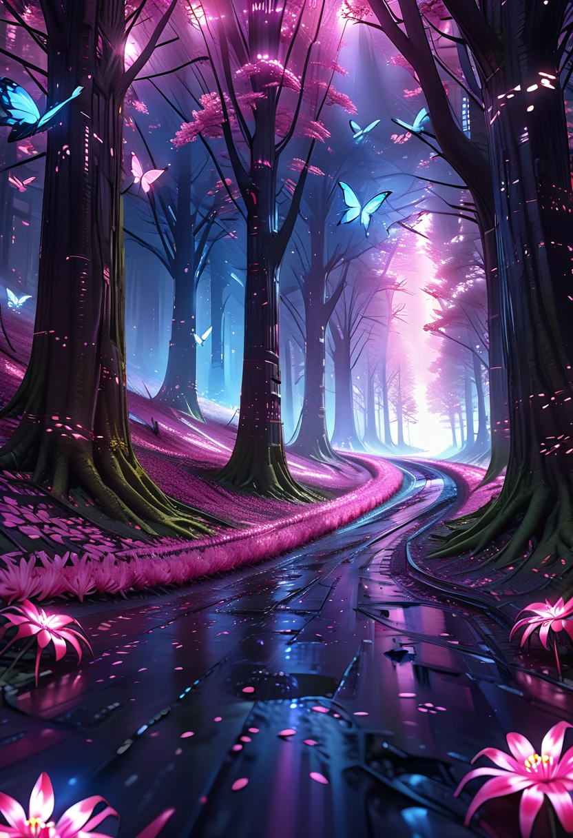 autumn landscape, night scene, trees lit from below, pink spider lilies blooming at the base of trees, a flock of colorful butterflies projected onto the illuminated trees, a white rabbit running in front of the viewer, hyperrealistic, super photorealistic, (ultra HD, 8K:1.5), extremely detailed, dramatic lighting, cinematic, physically-based rendering, professional photography, award-winning