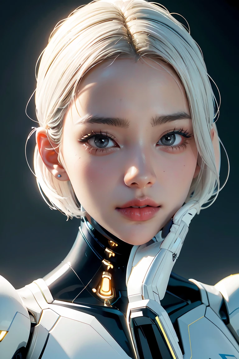 《The role of artificial intelligence》。（（（Virtual character design：Psychological counselor。miss，20 years old，white short hair，Exquisite facial features，beautiful make up，Skin details，Smile）））。（（white suit））。((Super realistic details))。 illumination, light and shadow, octane rendering, 8k, super sharp,complicated, Accessory details,atmosphere, perfect body, cybernetic body, 