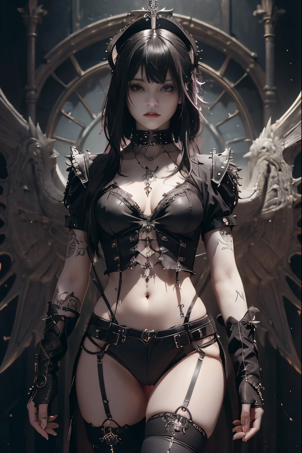 ((Highest quality、8k、masterpiece:1.3)),((Gothic Punk Angel、Prayer Pose))、Image color is white、Japan Maiden,((Full body portrait)),Best image quality,Ultra Clear,The facial features are delicate and well defined,Exquisite detail,(Camel Toe)、Slim body、Small breasts、Small Ass、Upright pose、Black Hair、Bob Style、Cropped bangs、masterpiece、Surreal、Anatomical、Facial muscles、elegant、Beautiful background、Octane Rendering,Cathedral