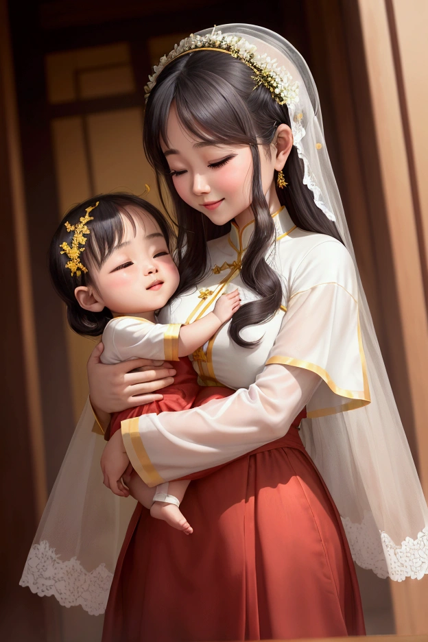 A tender moment captured in a vibrant garden, with a mother embracing her newborn baby boy. The scene is filled with love and warmth. [child:1.2], [mom wearing ao dai vietnam:1.1], ((baby boy)), outdoor, garden, [sunshine:1.1].