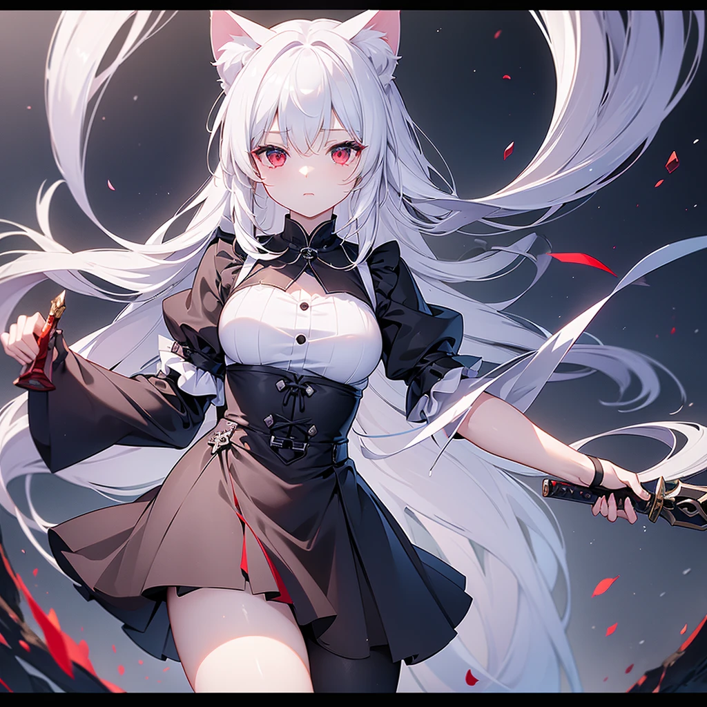 ((masterpiece, Highest quality, Highly detailed CG, unity 8k wallpaper,)), One woman, darkness、 Maid clothes with short skirts、I can barely see your face、Red eyes、Holding a knife、assassin、Eyes that shine mysteriously、A dagger knife with a blade length of about 8 cm、White Hair、Wolf Cut、holding a knife、I can see your thighs、I can see your pants、Cat ears、Pants-like skirt