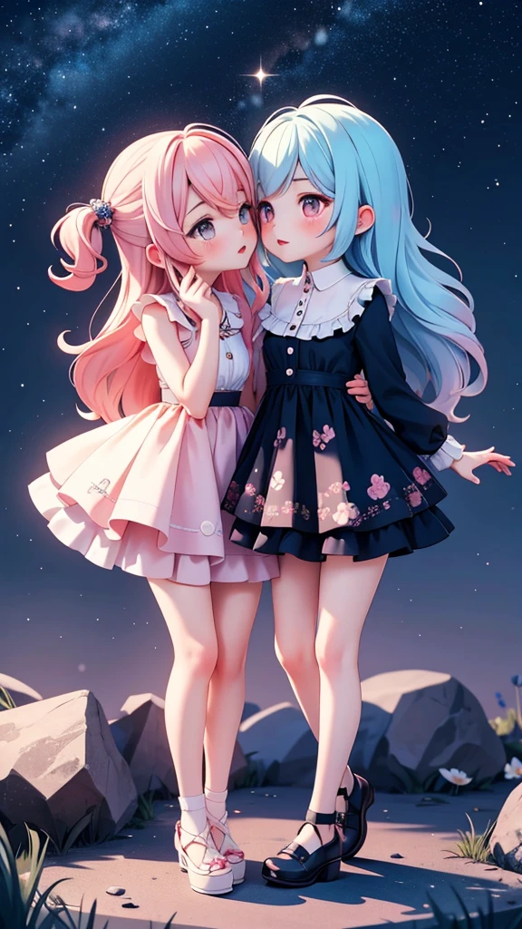 (((bishojo, two girls))), ((kawaii face)), ((kawaii eyes)), (masterpiece), (top quality), (hyper detailed), (exquisite), (depth), (crisp), (8k), (beautiful and aesthetic), (super detailed skin), (high standard), (high resolution), (perfect anatomy), ((full body)), (blush), (bare foot), (bow in hair), (armpits), (blunt bangs), (earrings), (strapless sleeveless dress), (summer coast), ((yuri))