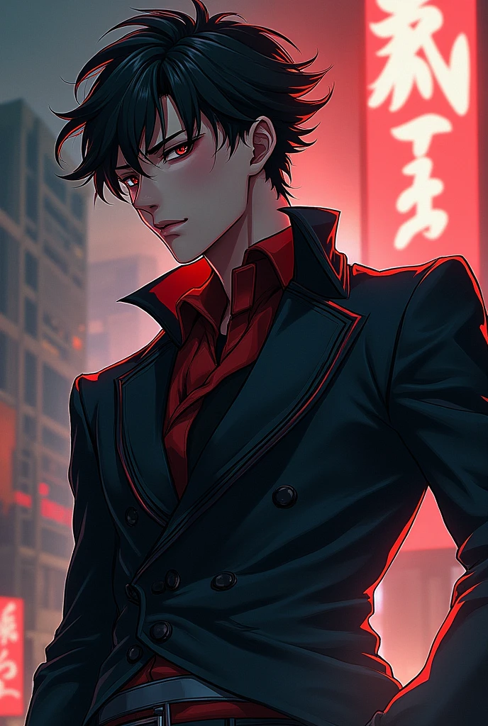 At night, by the window, Red Moon, a handsome boy stood up, about to turn into a zombie, short black hair, white suit, red eyes, no blood, highly real, 4K, chiaroscuro, super high detail