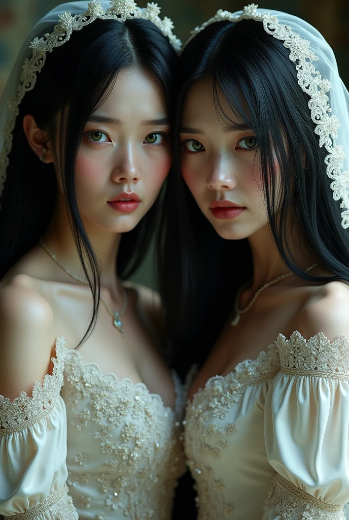 masterpiece:1.2, best quality), realistic, (real picture, intricate details, depth of field), (1girl, solo), make up, parted lips, highly-detailed, perfect face, (skindentation), thick thighs, wide hips, small waist, tall, glossy coral lips,, (A girl in a wedding dress with flowers in hands )), sexy, blushing, Mikasa from AOT, (two heads)