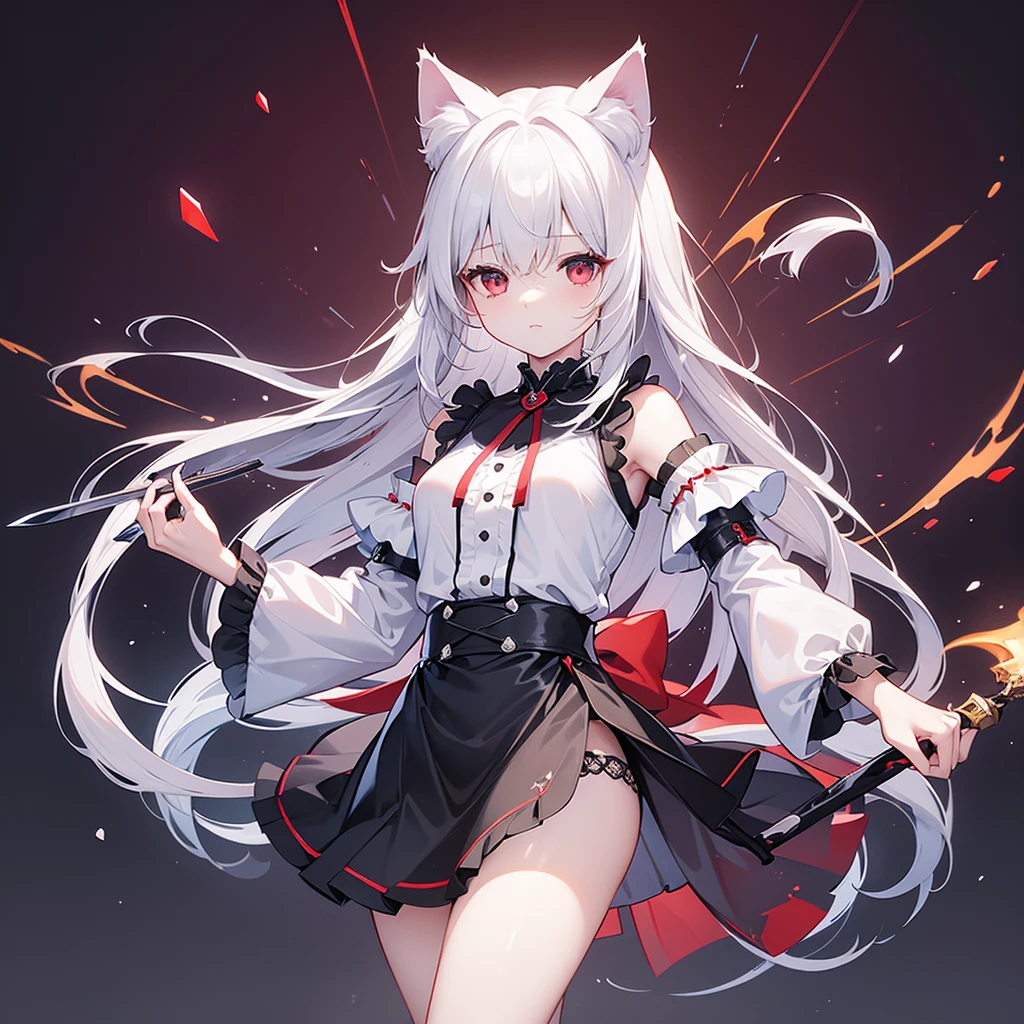 ((masterpiece, Highest quality, Highly detailed CG, unity 8k wallpaper,)), One woman, darkness、 Maid clothes with short skirts、I can barely see your face、Red eyes、Holding a knife、assassin、Eyes that shine mysteriously、A dagger knife with a blade length of about 8 cm、White Hair、Wolf Cut、holding a knife、I can see your thighs、I can see your pants、Cat ears、Pants-like skirt、Shoulders stick out