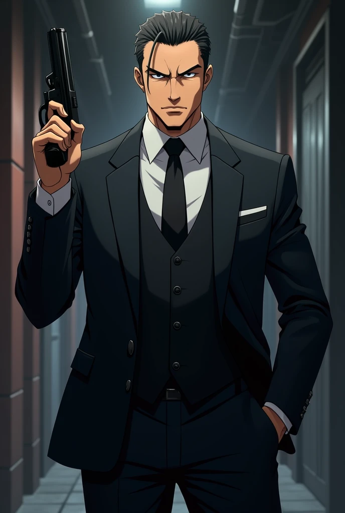 Anime mafia boss wearing a dark suit  holding a gun