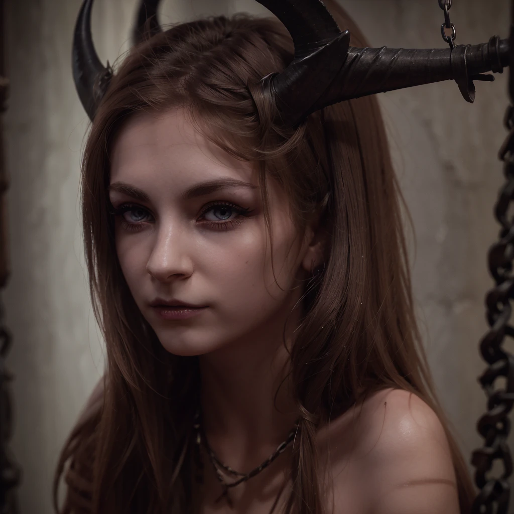 Woman, glowing eyes, sharp teeth, creepy smile, messed up hair, long horns, looking through a window