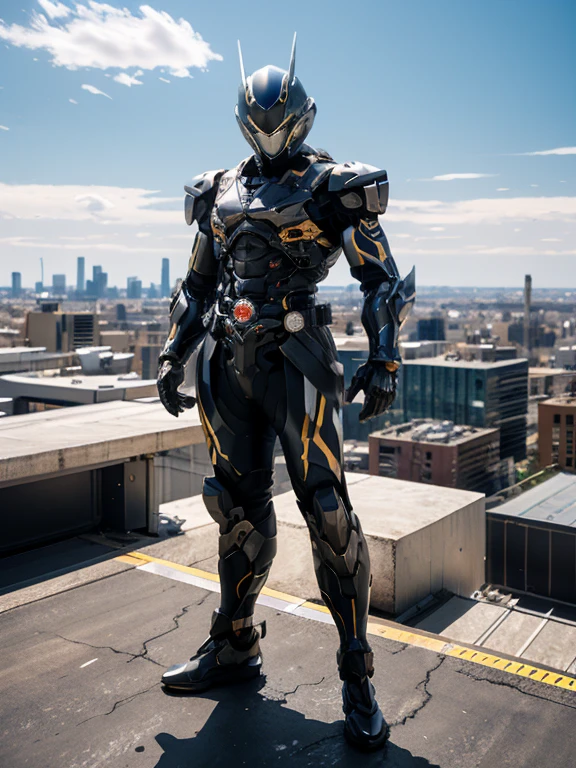 Ultra-high-tech biotechnology combat suit, Standing on the roof, Overlooking the city, Japanese special effects and American comic book style, Biometallic texture of the suit, Smooth and shiny, dynamic, fast, Natural light, Cinematic, high quality, High resolution, Attention to detail, Sleek design, dramatic, High definition, Very detailed, Ultra-fine painting, Extremely delicate, creativity, Natural light, Cinematic lighting, Best Shadow, Masterpiece - Anatomy - Perfection