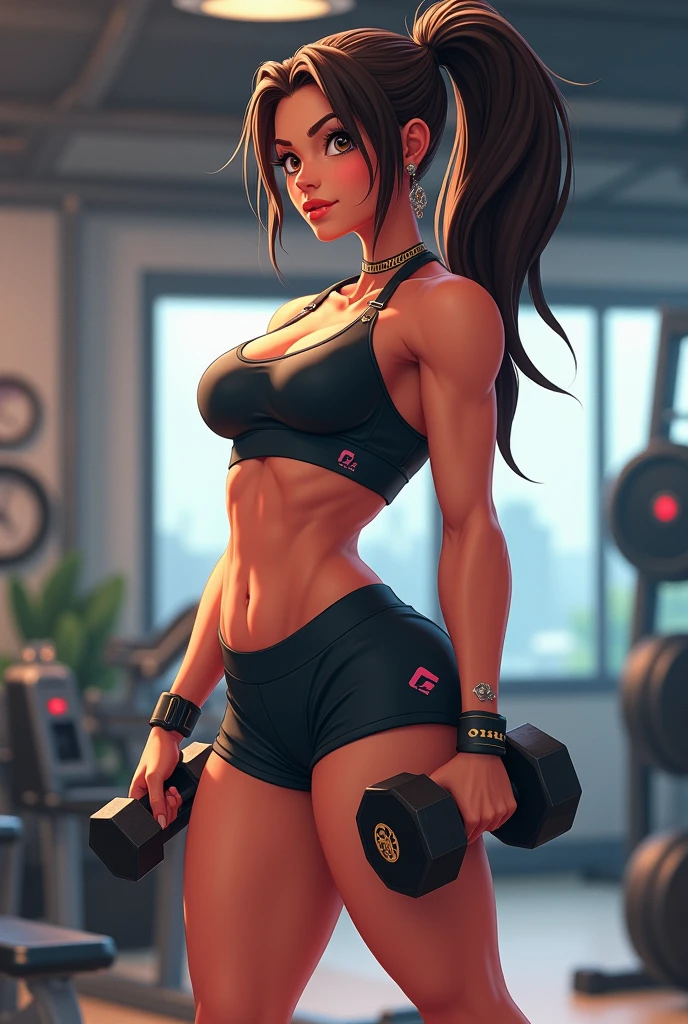 24-year-old Caucasian (Russo-Italian) female fitness instructor; tomboy; athletic build; athlete; short dark brown hair tied in a small bun; hazel eyes; subtle cybernetic enhancements; fair skin; wears high-tech workout attire including sports bras, compression shorts, and tank tops; in a futuristic gym setting with high-tech equipment; poses confidently, exuding a rebellious and tomboyish attitude; background includes vibrant neon lights and a gritty urban atmosphere; large breasts; Disney-style, CGI; best quality; high definition; trending on artstation; complex volumetric lighting; shadows;