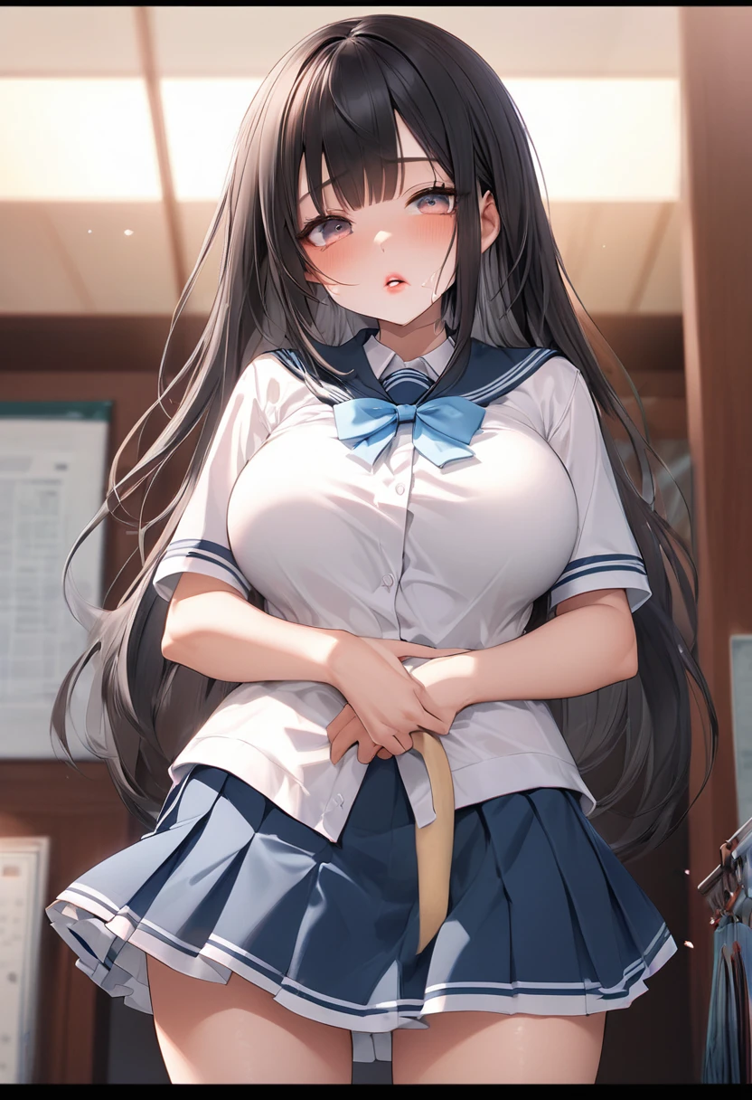 score_9, score_8_up, score_7_up, source_anime, 1girl, jk, 15yo, srssky, very long hair, black hair, bangs, hair between eyes, yellow eyes, large breasts, skinny waist, slender body, wide hips, round breasts, soft skin,
nsfw, solo, cinematic angle, seductive pose,
(delicate eyes and face), cute, blush,
basm, ((wearing bondage straps attire)), bondage attire, bondage, chains, skirt, shirt, , white shirt, pleated skirt, necktie, choker, blue skirt, plaid, black choker, plaid skirt,, sex dungeon, dark dungeon, dim light. motion lines, sound effects, dark background,
masterpiece, best quality, very aesthetic, perfect face, perfect anatomy,
 