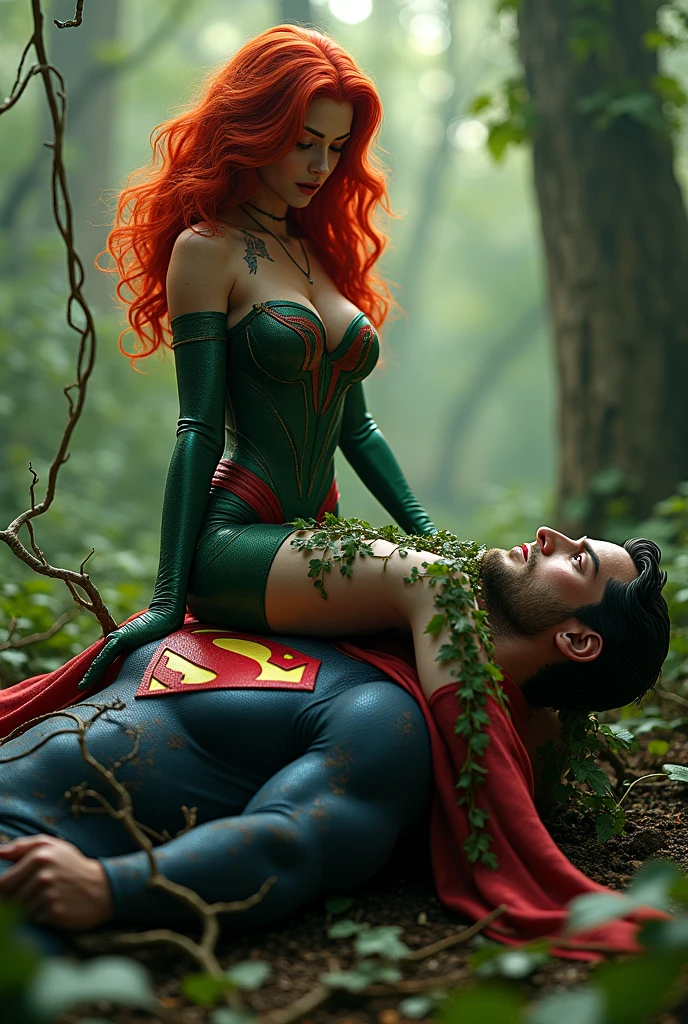 (((Poison Ivy))), (((Superman))), High quality, best quality, masterpiece, (1boy1 1girl), (hetero:1.5), mature woman, curves, long wavy redhead hair, green eyes. cleavage. (((woman wearing strapless black leotard))), reverse suspended congress, legs spread